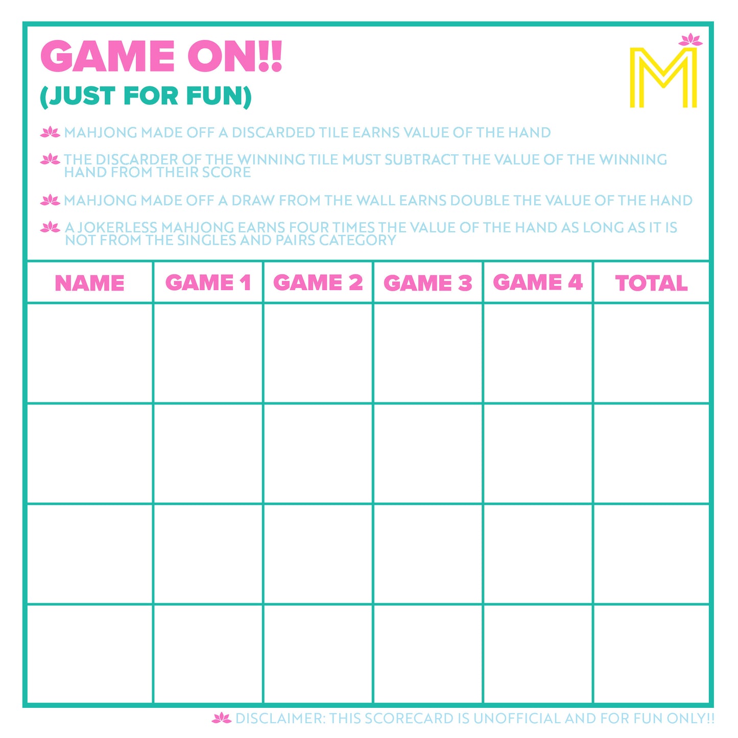 MAHJONG SCORECARD NOTEPAD WITH RULES