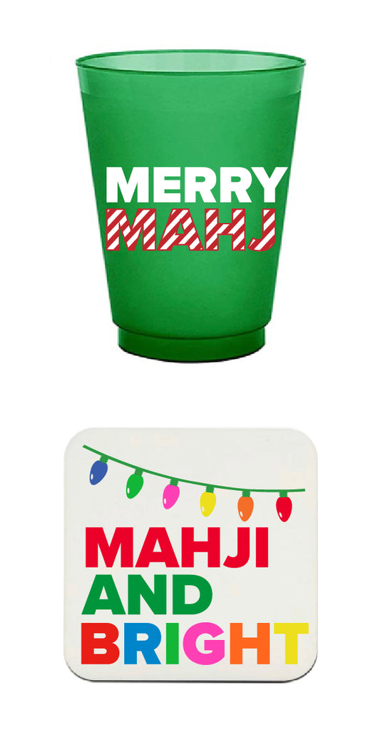 “MERRY MAHJ CUPS AND MAHJI AND BRIGHT COASTER" PARTY PACKS