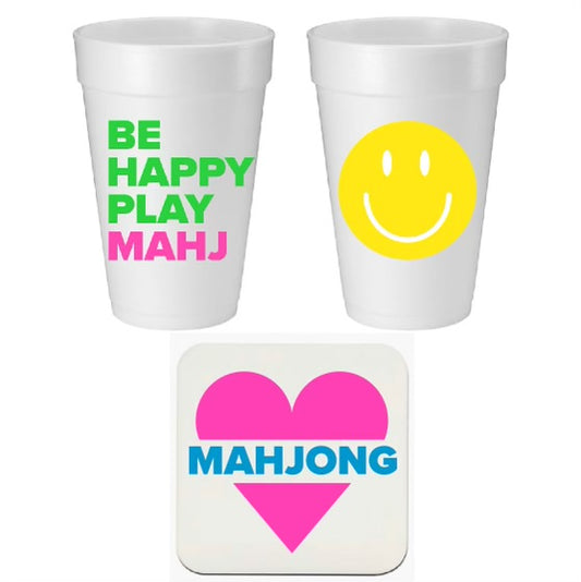 BE HAPPY PLAY MAHJ FOAM CUP AND HEART MAHJONG COASTER PARTY PACKS